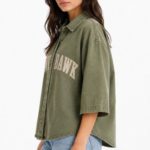 <b>Women</b> Short Sleeve Oversized <b>Denim</b> <b>Shirt</b> Premium Soft Breathable Relaxed Stylish Comfortable Classic Button Down Front Closure - Product Image 3