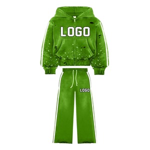 Ensemble survêtement homme personnalisé avec logo, fabriqué en usine, en coton 100% délavé à l'acide, avec strass, fermeture éclair intégrale, grande taille, coupe oversize - Product Image 1
