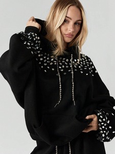 Black Sequined Bomber <b>Jacket</b> 100% Cotton Anti-Pilling Zipper Closure Loose Fit Winter Unisex with <b>Rhinestone</b> Embellishment - Product Image 3