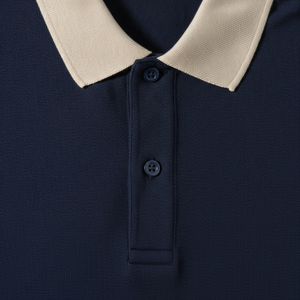 Polo de manga corta azul marino para hombre con cuello color crema y puños rojos, ropa casual, tejido piqué de algodón transpirable, corte regular. - Product Image 2