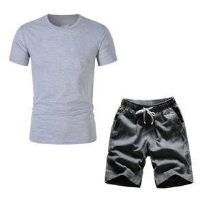 Men's Gray Crew Neck T-Shirt With Black Solid Shorts Casual Summer <b>Set</b> Breathable <b>Knitted</b> Cotton Outfit OEM ODM - Product Image 1