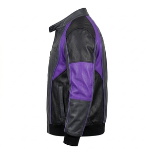 Blouson Bomber en Cuir Noir à Rayures Violettes pour Homme, Col Montant, Poignets en Tricot Côtelé, Vêtement d'Extérieur Moto, Vente en Gros Personnalisée - Product Image 4