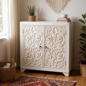 Handmade Traditional Antique Solid Carved <b>Sideboard</b> Cabinet Whitewash Finish 2 Doors Storage Console for Home Hotel Villa Living - Product Image 2