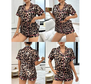 Conjunto de Pijama de Satén con Estampado de Leopardo para Mujer, Manga Corta, Cuello Camisero, Cierre de Botones, Ropa de Dormir de Verano, Estilo Suave y Sexy - Product Image 3
