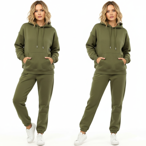 Wholesale Winter Casual Unisex Solid Track Suit Two Piece <b>Set</b> Custom Logo Printing Hoodie and Stacked Sweatpants <b>Set</b> - Product Image 1