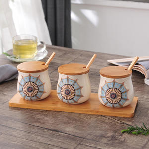 Wholesale Luxury 10oz <b>Kitchen</b> Home Decor Ceramic Salt Sugar Spice Jar Set with Bamboo Lid Tray set - Product Image 5