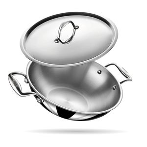 Olla Kadhai Triple de Acero Inoxidable con Tapa, 2.0 L, 22 cm, Hecha a Mano, Apta para Congelador, Compatible con Inducción y Gas - Product Image 1