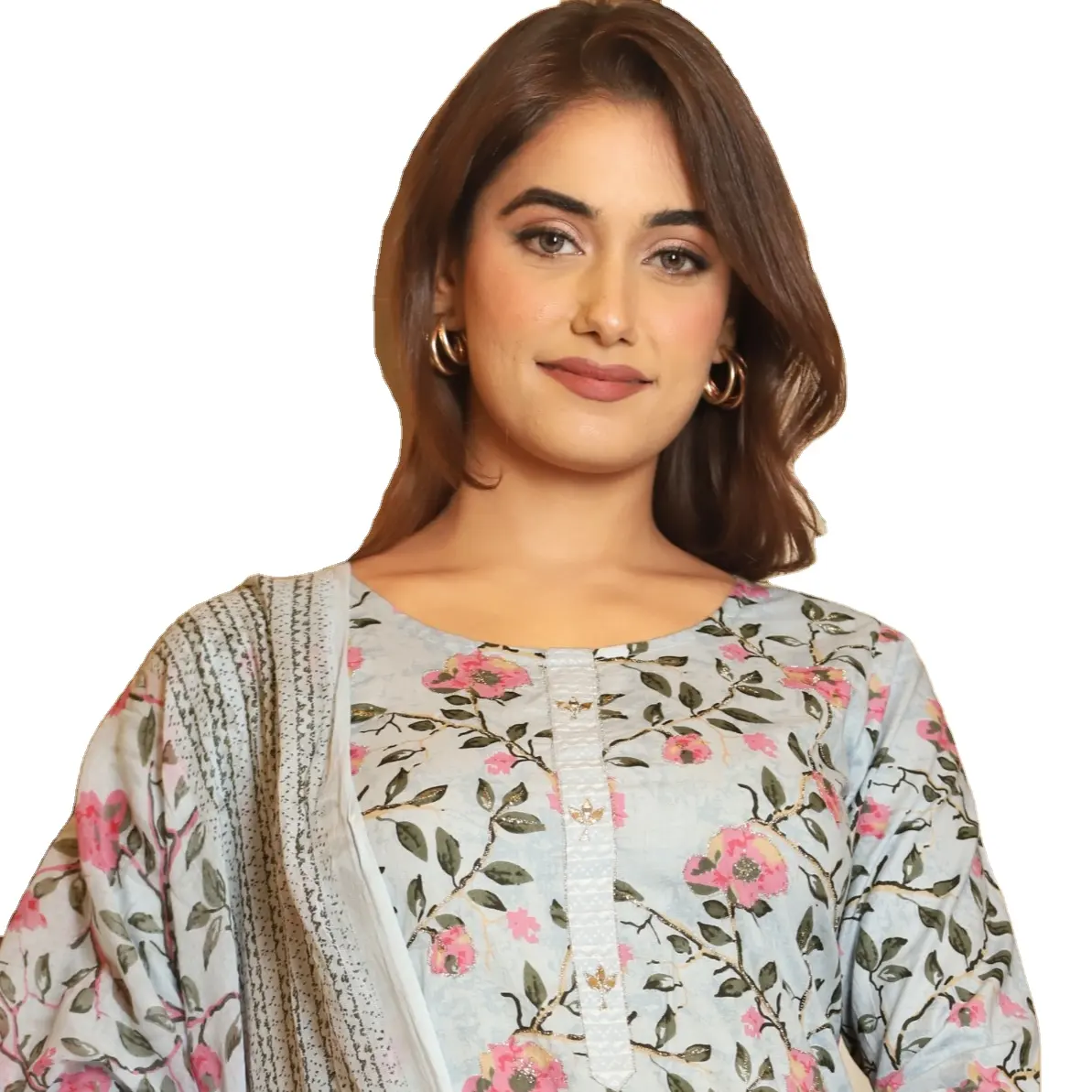 Folhas florais bonitas Impresso Detalhando Com Ouro Zari Trabalho Kurti Emparelhado Com Calceta Afghani E Algodão Impresso Malmal Dupatta