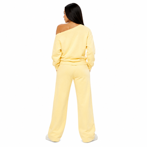 Women Yellow <b>Off</b> <b>Shoulder</b> <b>Sweatshirt</b> Tracksuit Set Wide Leg Lounge Trousers Soft Casual Co Ord Outfit Custom Label Co Ord Outfit - Product Image 2