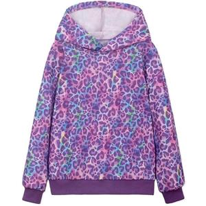 Sudadera con Capucha para Niñas, Estampado de Leopardo Morado, Manga Larga, Bolsillo Canguro, Ribete en Contraste, Estilo Casual Urbano - Product Image 1
