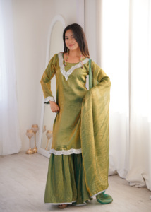 Elegant Fendy <b>Silk</b> <b>Kurta</b> Sharara Ensemble With Lace Neck Design Flowing Bottom Coordinated Dupatta Womens Occasion Fashion - Product Image 1
