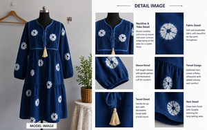 Vestido Boho de Algodón Tie Dye para Mujer - Vestido Casual de Manga Larga con Borlas Indigo de Alta Demanda, Cuello con Lazos y Ribete en Contraste, con Volantes - Product Image 6
