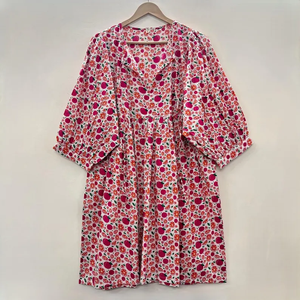 Robe mini en coton écologique faite à la main avec imprimé floral à la main, col en V, manches 3/4, ourlet à volants en dentelle, lavable, style chinoiserie - Product Image 1
