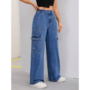 Jeans <span class=keywords><strong>Cargo</strong></span> da <span class=keywords><strong>Donna</strong></span> Multitasche <span class=keywords><strong>Blu</strong></span> Pietra 100% Cotone Lavaggio Chiaro Non Tessuto Ecologico Traspirante Carino Vita Alta Vintage Lunghezza Intera - Product Image 3