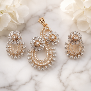 ISHWAR ART JEWELLERY Luxury 14K Gold Diamond <b>Crystal</b> Pendant Set with Matching Earrings Flower Shape Wedding Jewelry for Women - Product Image 1