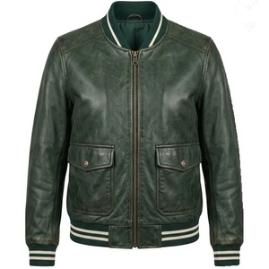 Chaqueta Bomber de Cuero Genuino para Hombre, Estilo Universitario, Verde Oscuro, Chaqueta de Piloto Vintage, OEM, con Rayas y Ribetes, Prenda Exterior Deportiva - Product Image 1
