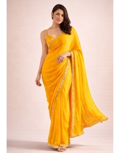 Sari KV para mujer, amarillo, de georgette, con borde adornado, listo para usar, con blusa sin coser - Product Image 4