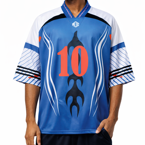 เสื้อฟุตบอลอเมริกันแบบซับลิเมชั่นสีน้ำเงิน ดีไซน์ทันสมัยปี 2026 คอวีทรงโอเวอร์ไซส์ ผลิตจากโพลีเอสเตอร์ รับผลิตจำนวนมากแบบ OEM - Product Image 3