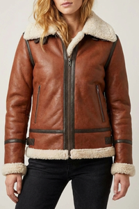 Chaqueta de moto para mujer de cuero genuino marrón con cuello de piel y cremallera. - Product Image 1