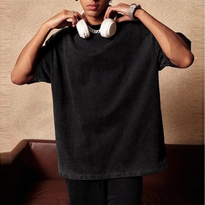 T-shirt décontracté tricoté épais personnalisé, coupe classique, en coton lourd délavé, noir, pour homme, de marque - Product Image 4