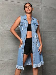 Women's Denim Sleeveless Vest Long Button Front Solid Color Casual Loose Fit Distressed Cotton <b>Jacket</b> Coat Spring Style - Product Image 3