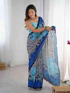 Sari indien pour femme, bleu, imprimé floral et zèbre, en polyester, coupe droite, longueur ras du sol, style ethnique, pour tenue décontractée - Product Image 1