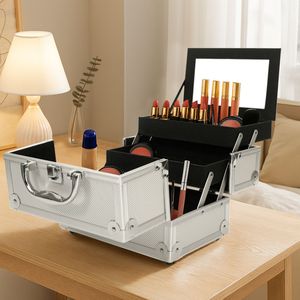 Valigetta in Alluminio Argento SM 2176 per Trucchi 23x15x15 cm, Portagioie con Specchio, Organizer Cosmetico Riciclabile con Manico - Product Image 1
