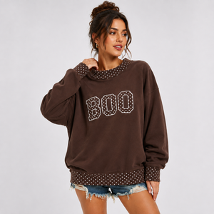 Sweat-shirt oversize tendance pour femme, col rond, imprimé lettres universitaires, bordure à pois, style Halloween effrayant, collection automne-hiver - Product Image 1