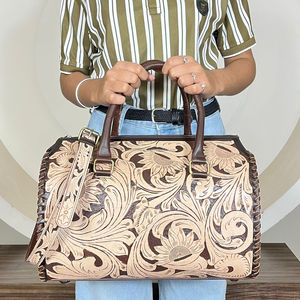 Juego de Maletas de 3 Piezas de Cuero Genuino con Diseño Floral Personalizado, Estilo Occidental, Bolsa de Viaje Tipo Bandolera - Product Image 2
