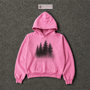 Sudadera con Capucha Rosa Extra Grande Personalizada con Gráfico de Árbol del Bosque Negro, Sudadera Vintage Desgastada Estilo Urbano para Hombre y Mujer - Product Image 5