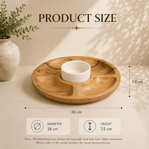 Plateau de service de luxe en bois de manguier avec compartiments et bol à sauce en céramique, plat rond pour apéritifs, idéal pour les réceptions et comme organisateur de bijoux - Product Image 2