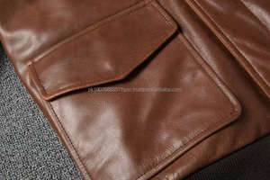 Blouson aviateur A2 vintage vieilli pour homme en cuir véritable ciré avec revers, en cuir de vachette pleine fleur jaune - Product Image 4