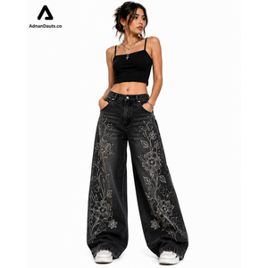 Jeans à jambes larges personnalisés avec broderie florale Y2K pour femmes |   Pantalons en denim vintage baggy streetwear, fabricant et fournisseur OEM ODM - Product Image 3