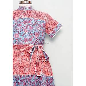 Vestido Mini de Verano con Estampado Floral, Cuello Redondo, Manga Corta, Tejido de Algodón Orgánico Cómodo, Detalle de Botones, Estilo Casual de Playa Hindú - Product Image 4