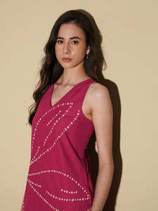 Vestido midi de gasa sin mangas con cuello en V, con bordado a mano con diseño de puntos, corte holgado, informal, vestido de verano, hermoso vestido para mujer - Product Image 3