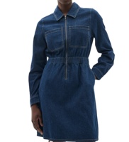 Vestido Camisero Vaquero Personalizado al por Mayor para Mujer, Sin Mangas, con Cremallera Frontal, Casual, Tejido, Fruncido, Largo hasta la Rodilla, Cintura Elástica, Encaje, Corte en A