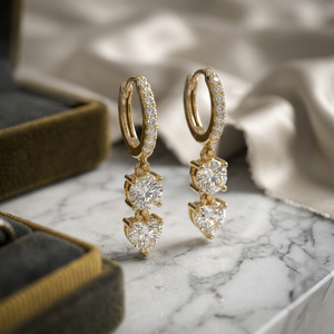 1.40 CTW Round and Heart Diamond Two-<b>Stone</b> Huggie Drop Earrings - Product Image 1