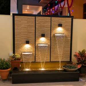 Fontaine murale rectangulaire moderne d'intérieur à triple cascade, style aquarium LED, finition en pierre polie pour villa - Product Image 1