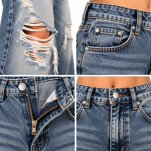 Jean délavé vintage pour femme, coupe large, taille haute, déchiré aux genoux, style décontracté et tendance - Product Image 6