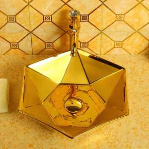 Vasque de salle de bain de luxe en céramique dorée, ronde et profonde, à poser sur comptoir, finition électroplaquée or - Product Image 3