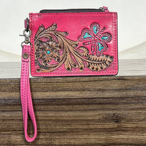 Cartera de Cuero Genuino Hecha a Mano con Diseño Floral y de Mariposas en Rosa y Turquesa, Portamonedas y Tarjetero para Uso Diario Femenino - Product Image 4