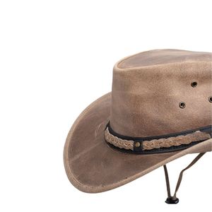 Distressed Nubuck Leather Outback <b>Hat</b> Vintage Brown Wide Brim Bush <b>Hat</b> with Slim Braided <b>Band</b> - Product Image 2