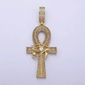 Collar con Colgante Cruz Ankh y Ojo de Horus Egipcio, Chapado en Oro con Moissanita, Estilo Religioso Hip Hop Bling para Rapper - Product Image 4