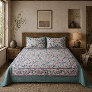 Jaipur Hand <b>Block</b> Printed Pure Cotton Indian Boho White Floral <b>Bed</b> Sheet Set King Size 200TC Non Toxic Dyes Classic Style 200TC - Product Image 5