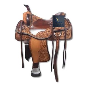 Western Tan Leather Floral <b>Hand</b> Carved Designed Barrel Horse Racing Saddle Brown Hard Seat Latigo Straps SS Fitting 10" to 18" - Product Image 1