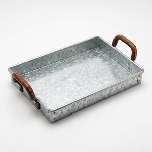 Plateau de service artisanal en fer galvanisé de 38 cm avec poignées en cuir brut, plateau décoratif style ferme avec poignée en cuir pour la décoration intérieure - Product Image 3
