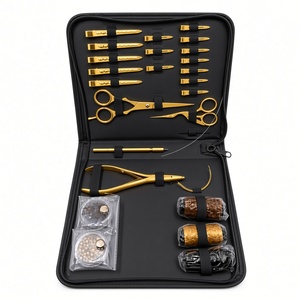 Kit complet d'accessoires et d'outils pour extensions de cheveux : pinces à bec effilé, ciseaux, outil à boucle, pinces crocodiles, étui en cuir - Product Image 4