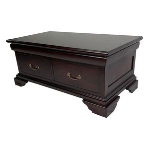Antique style solid mahogany wood coffee table features two <b>drawers</b> with brass pull handles and distinctive <b>bracket</b> feet - Product Image 1