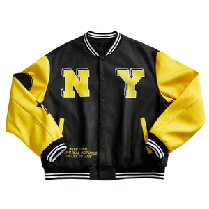 Top Sale Mens Oversized <b>Wool</b> Body Leather Sleeves <b>Yellow</b> Black Letter Embroidery Streetwear Varsity Baseball Bomber Jackets - Product Image 1