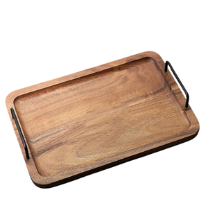 Bandeja rectangular grande de madera de acacia con asas de metal, respetuosa con el medio ambiente, apta para lavavajillas, para servir café, mesa de comedor, decoración otomana para el hogar - Product Image 1